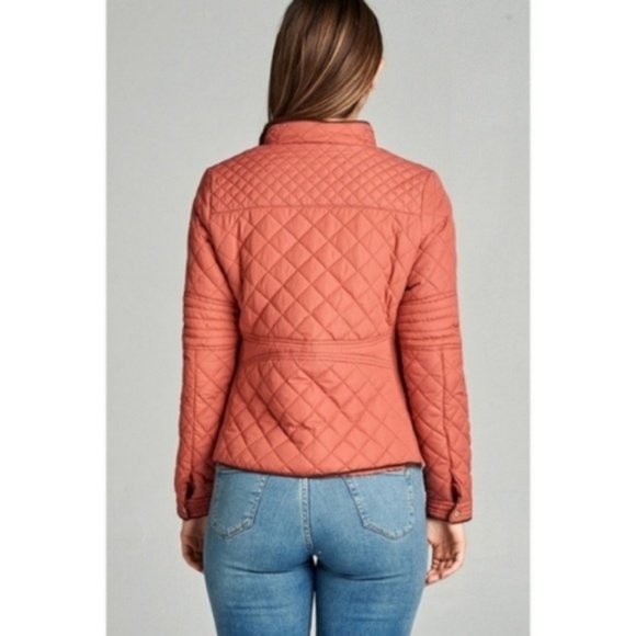 Rusted Pink Quilted Jacket With Suede Piping - Picture 2 of 3